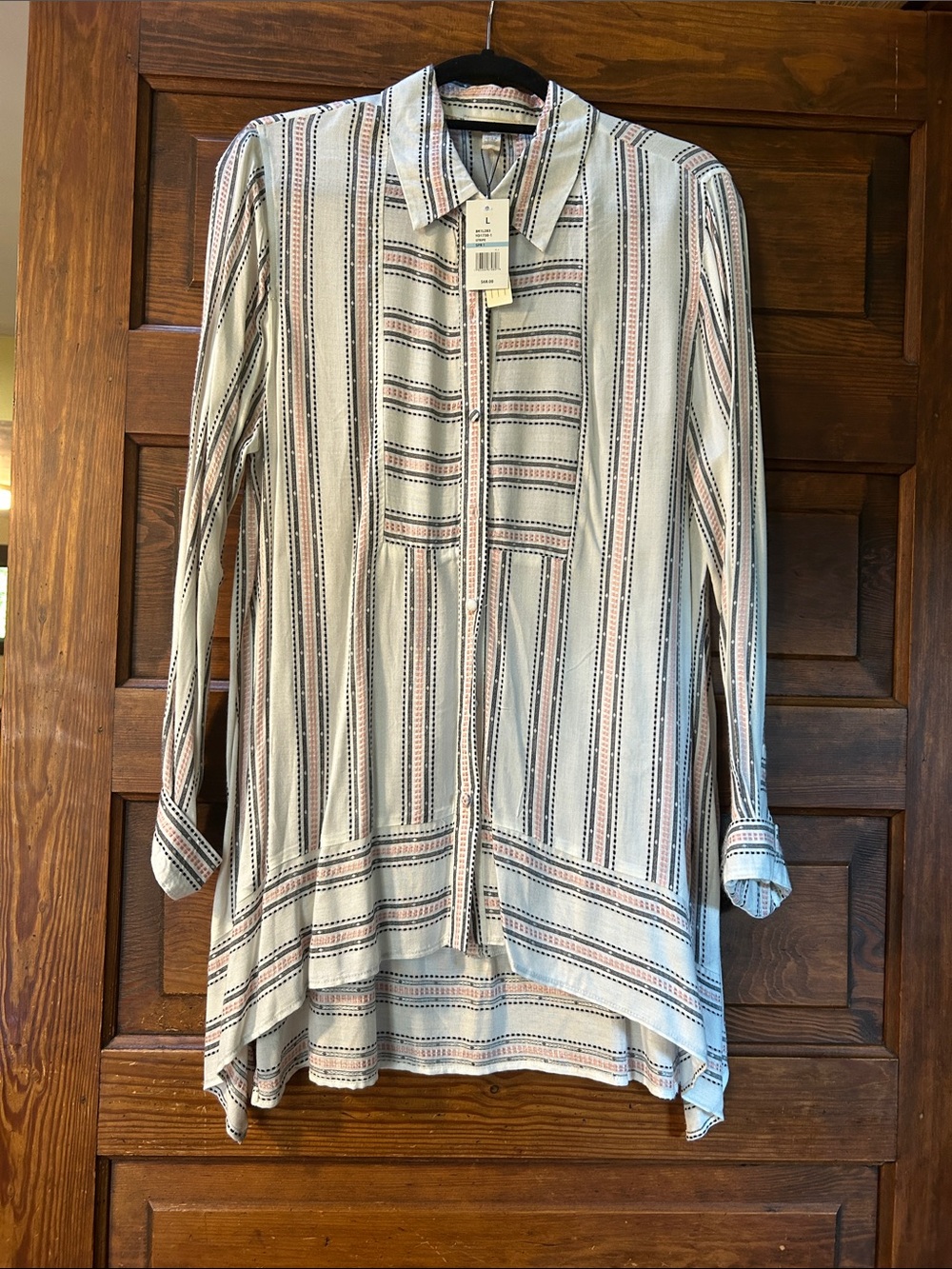 Cupio Striped Longline Button-Down Shirt in White, Black & Pink